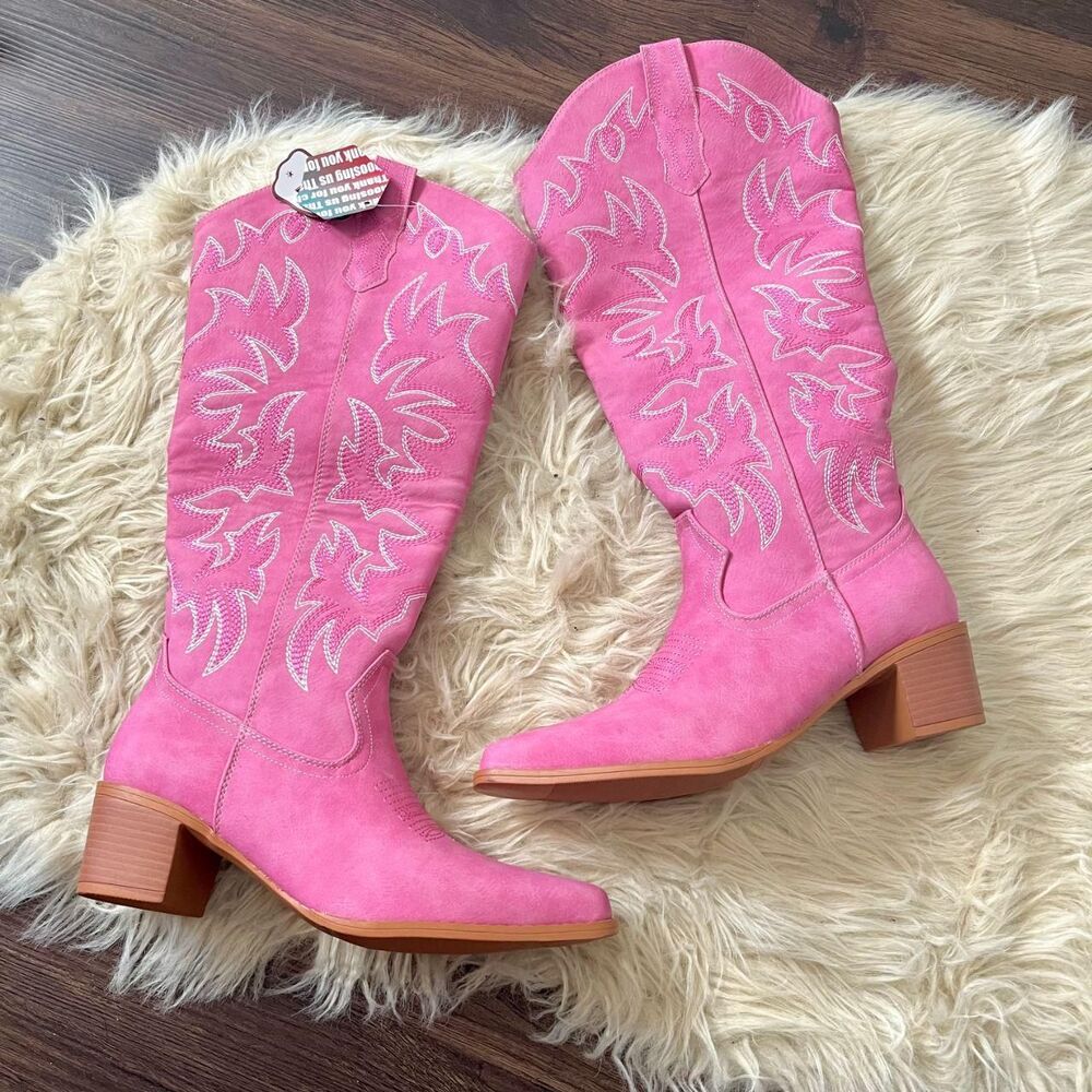 Pink Flame Faux Suede Knee High Cowgirl Western Boots US 7.5